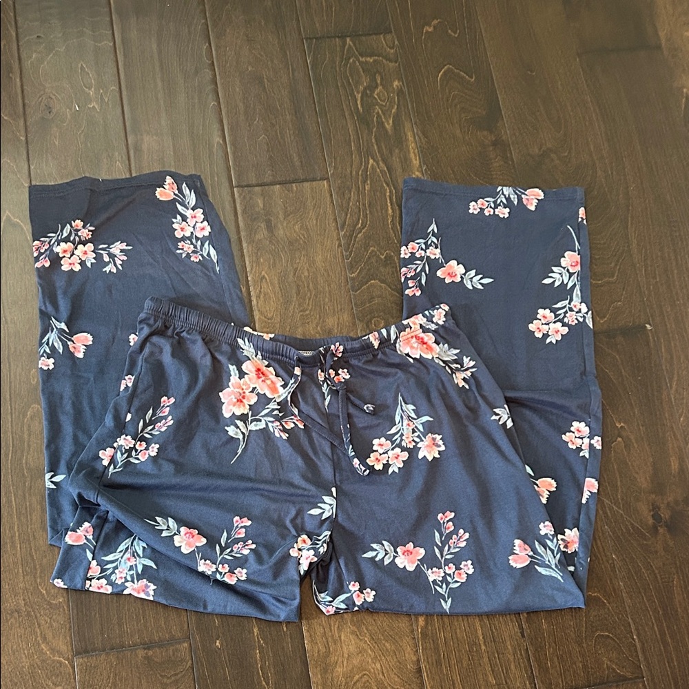 Real Essentials Grayish Blue Pajama Pants with Pink Floral Design